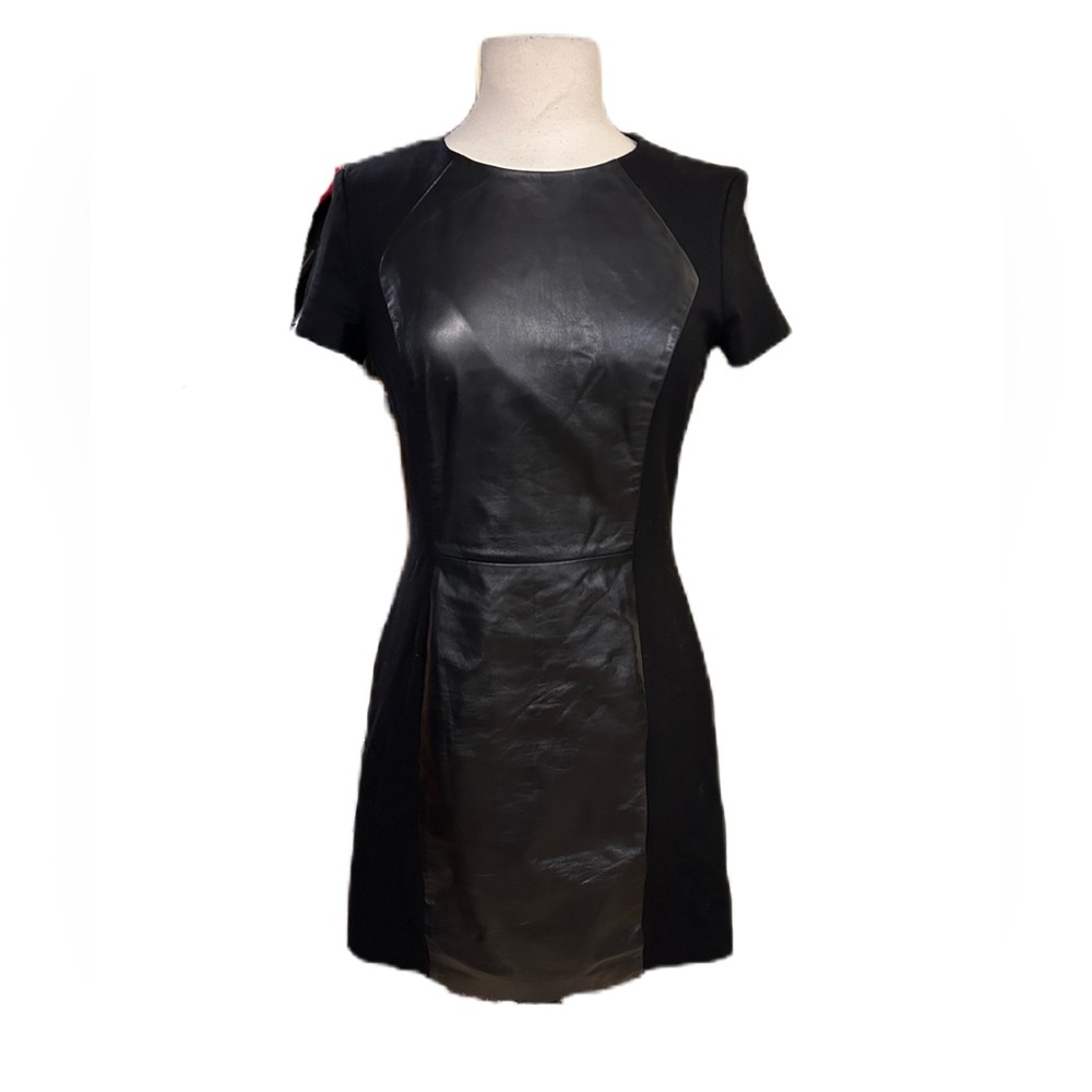 AQUA Bloomingdales Black REAL LEATHER Dress w Black Ponte Panels Sz M edgy